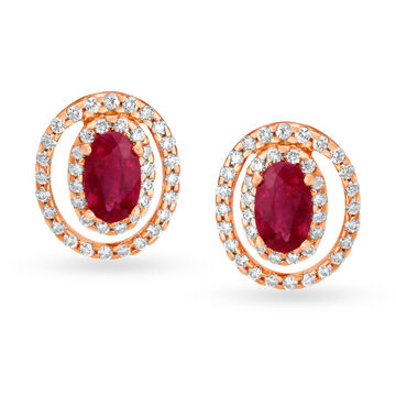 Exquisite 18 Karat Rose Gold And Diamond And Ruby Oval Studs