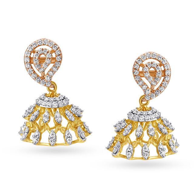 Intricate Yellow And Rose Gold And Diamond Paisley Jhumkas,,hi-res image number null