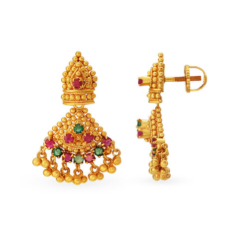 Traditional 22 Karat Gold And Multi Stone Drop Earrings