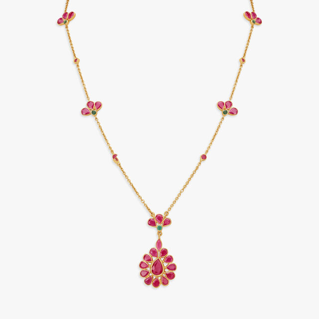 Resplendent Petals Ruby Floral Pendant with Chain and Earrings Set,,hi-res image number null