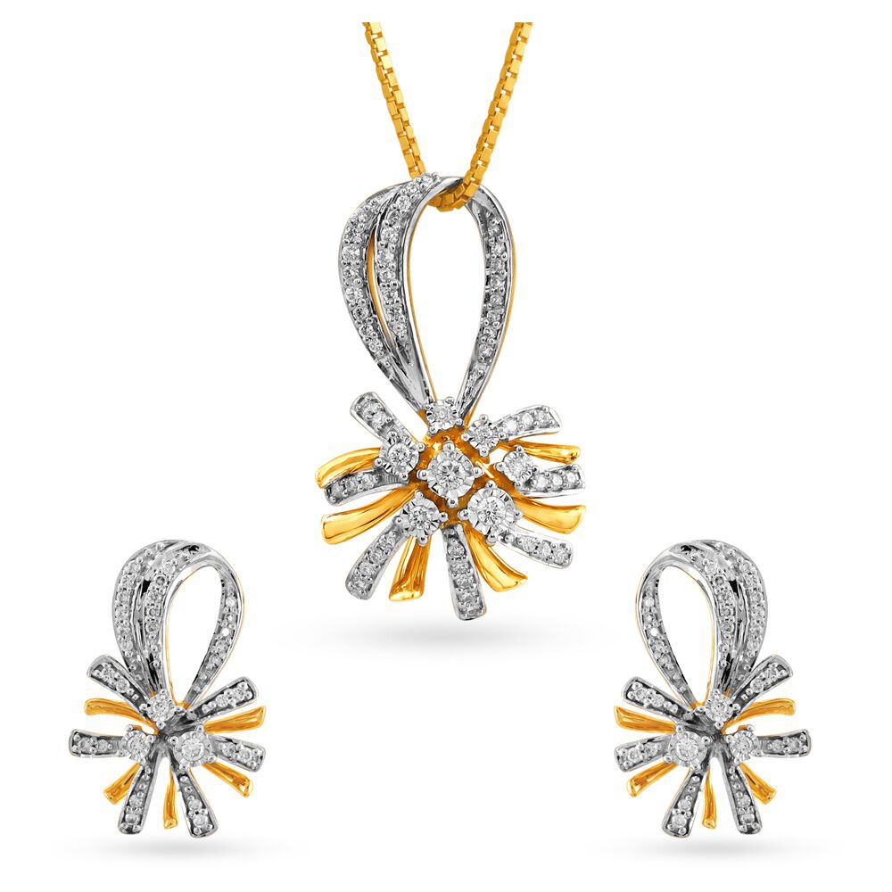Gleaming Floral Diamond Pendant and Earrings Set