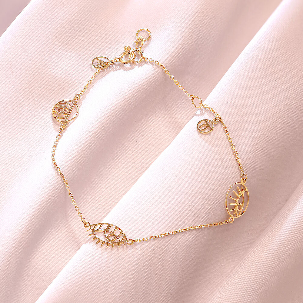 14KT Yellow Gold Multi Charm Evil Eye Bracelet