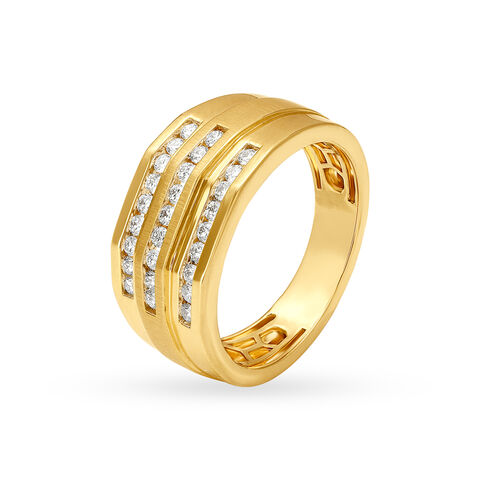 Bold 18 Karat Yellow Gold And Diamond Stripe Pattern Finger Ring