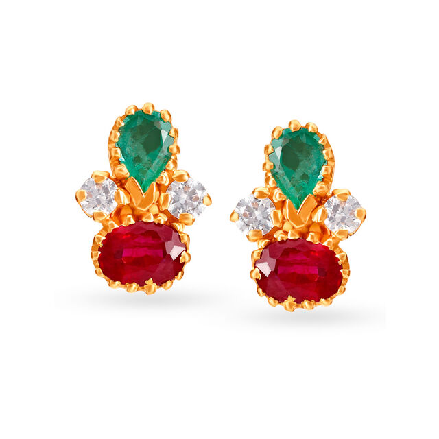 Traditional 22 Karat Yellow Gold Stone Earrings,,hi-res image number null