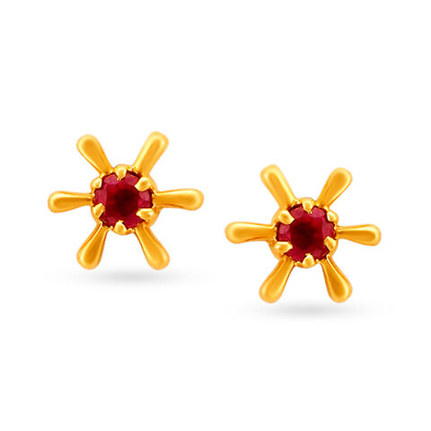 Radiant 18 Karat Yellow Gold And Ruby Floral Studs