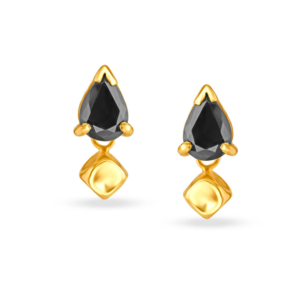 Deep Black Sapphire Gold Drop Earrings