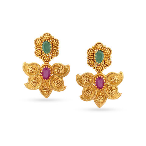 Emerald And Ruby Lakshmi Motif Gold Drop Earrings