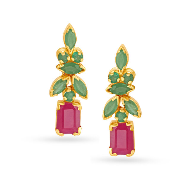 Graceful Emerald And Ruby Studded Gold Drop Earrings With Leaf Motif,,hi-res image number null