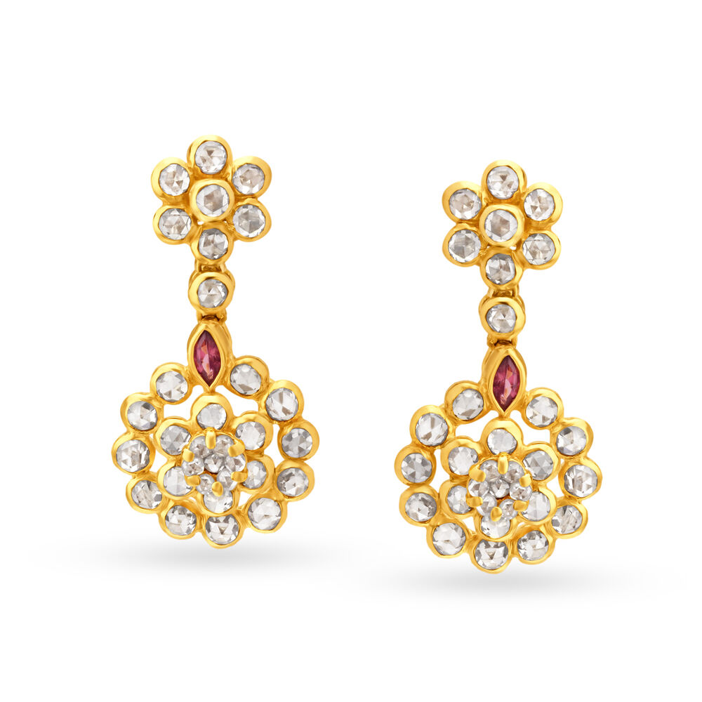 Stylish 22 Karat Yellow Gold And Polki Diamond Floral Stud Earrings