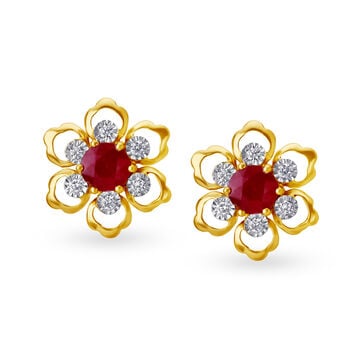Alluring 18 Karat Yellow Gold And Diamond And Ruby Floral Studs