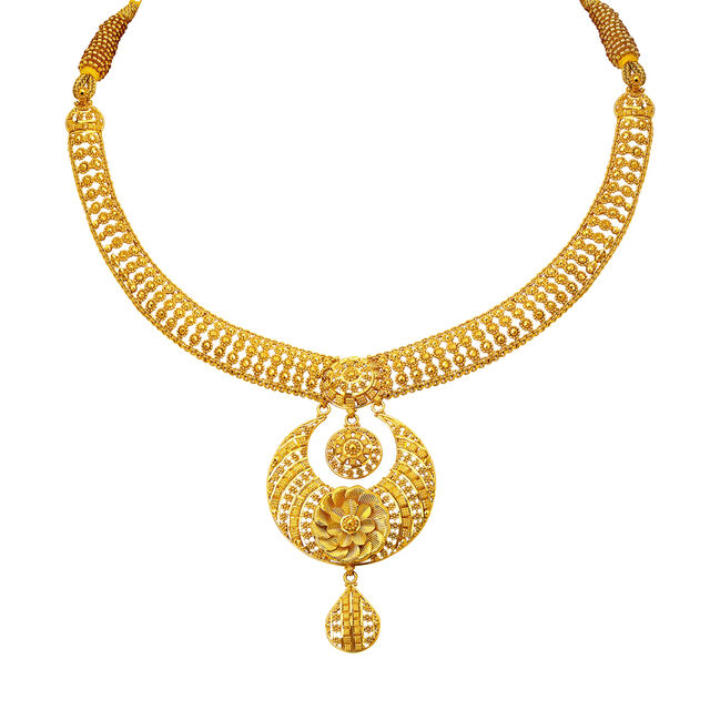 Scintillating 22 Karat Yellow Gold Floral Bead Necklace And Earrings Set