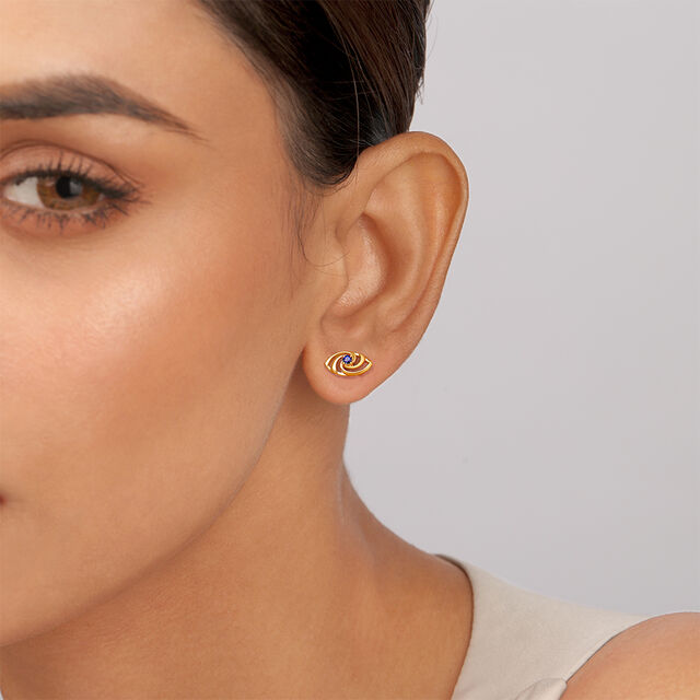 Yellow Gold Hypnotic Blue Sapphire Evil Eye Stud Earrings 