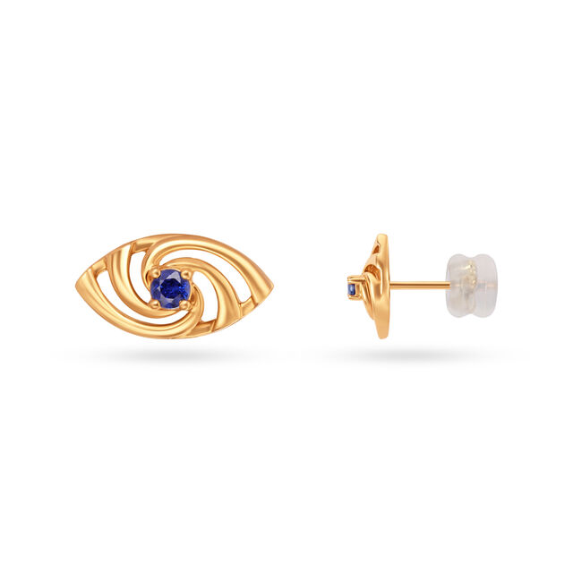 Yellow Gold Hypnotic Blue Sapphire Evil Eye Stud Earrings 4