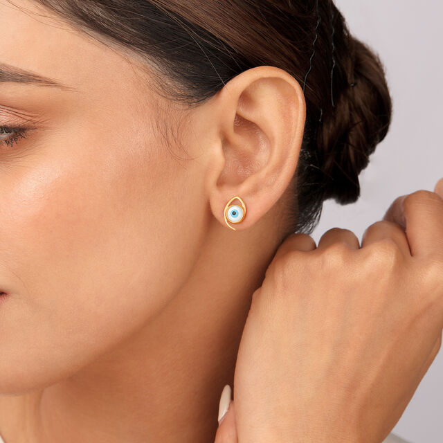 Yellow Gold Blue Evil Eye Stud Earrings 