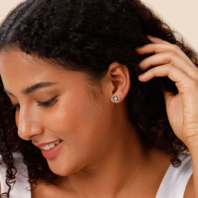 Yellow Gold Geometric Evil Eye Stud Earrings 