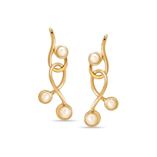 14KT Yellow Gold Elegant Swirls Pearl Drop Earrings 