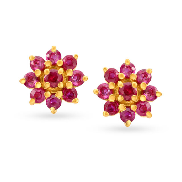 Irresistible 18 Karat Yellow Gold Ruby-Embellished Petals Stud Earrings,,hi-res