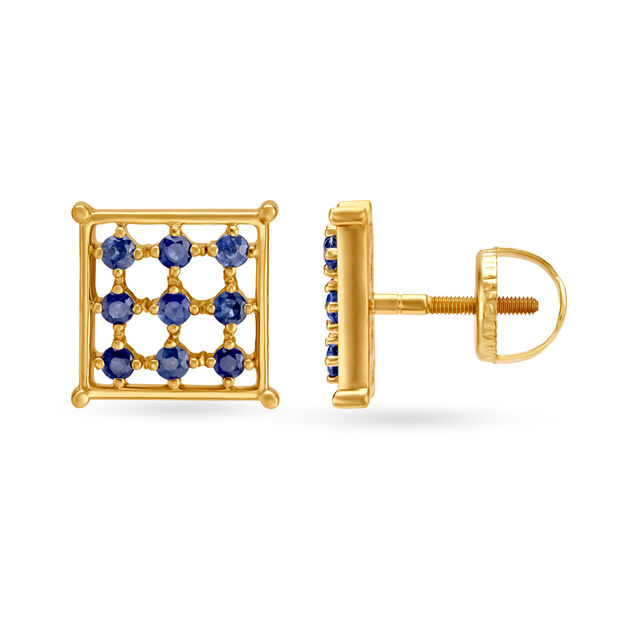 Geometric Sapphire Gold Stud Earrings 2