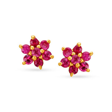 Appealing 18 Karat Yellow Gold Ruby-Embellished Petals Stud Earrings