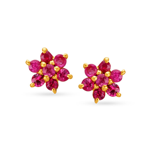 Appealing 18 Karat Yellow Gold Ruby-Embellished Petals Stud Earrings 