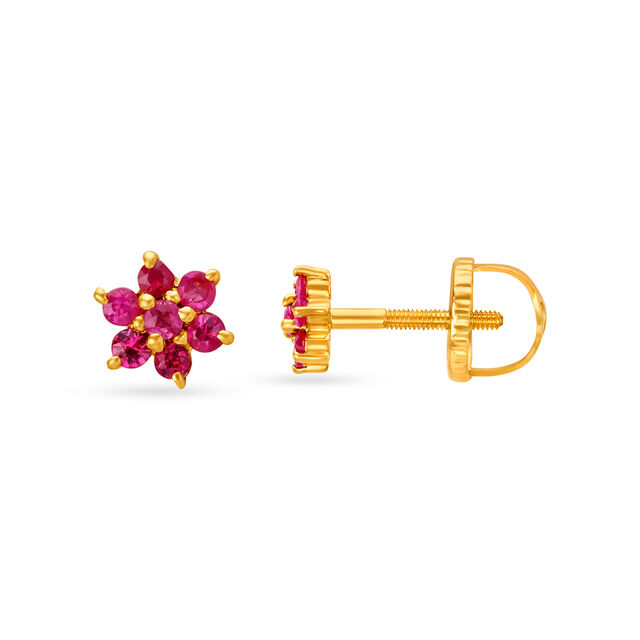 Appealing 18 Karat Yellow Gold Ruby-Embellished Petals Stud Earrings 2