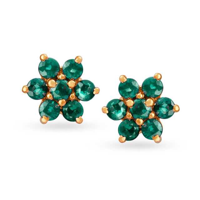 Scintillating 18 Karat Gold And Emerald Flower Stud Earrings
