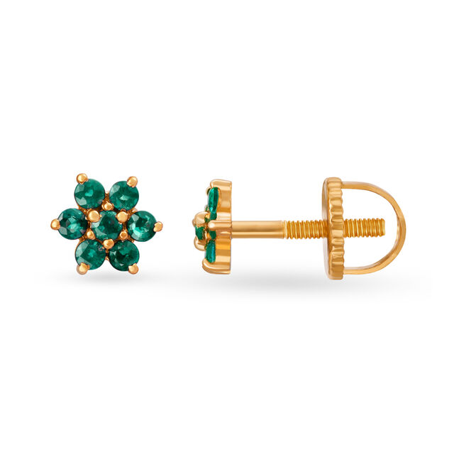 Scintillating 18 Karat Gold And Emerald Flower Stud Earrings