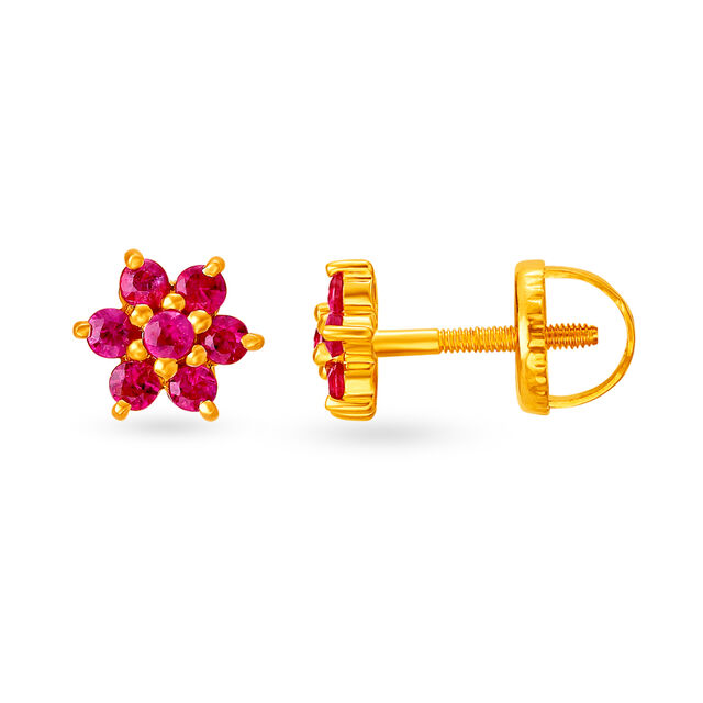 Alluring 18 Karat Yellow Gold Ruby-Embellished Petals Stud Earrings