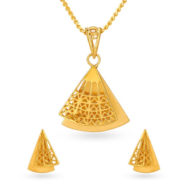 Cosmopolitan Yellow Gold Triangular Pendant and Earrings Set 
