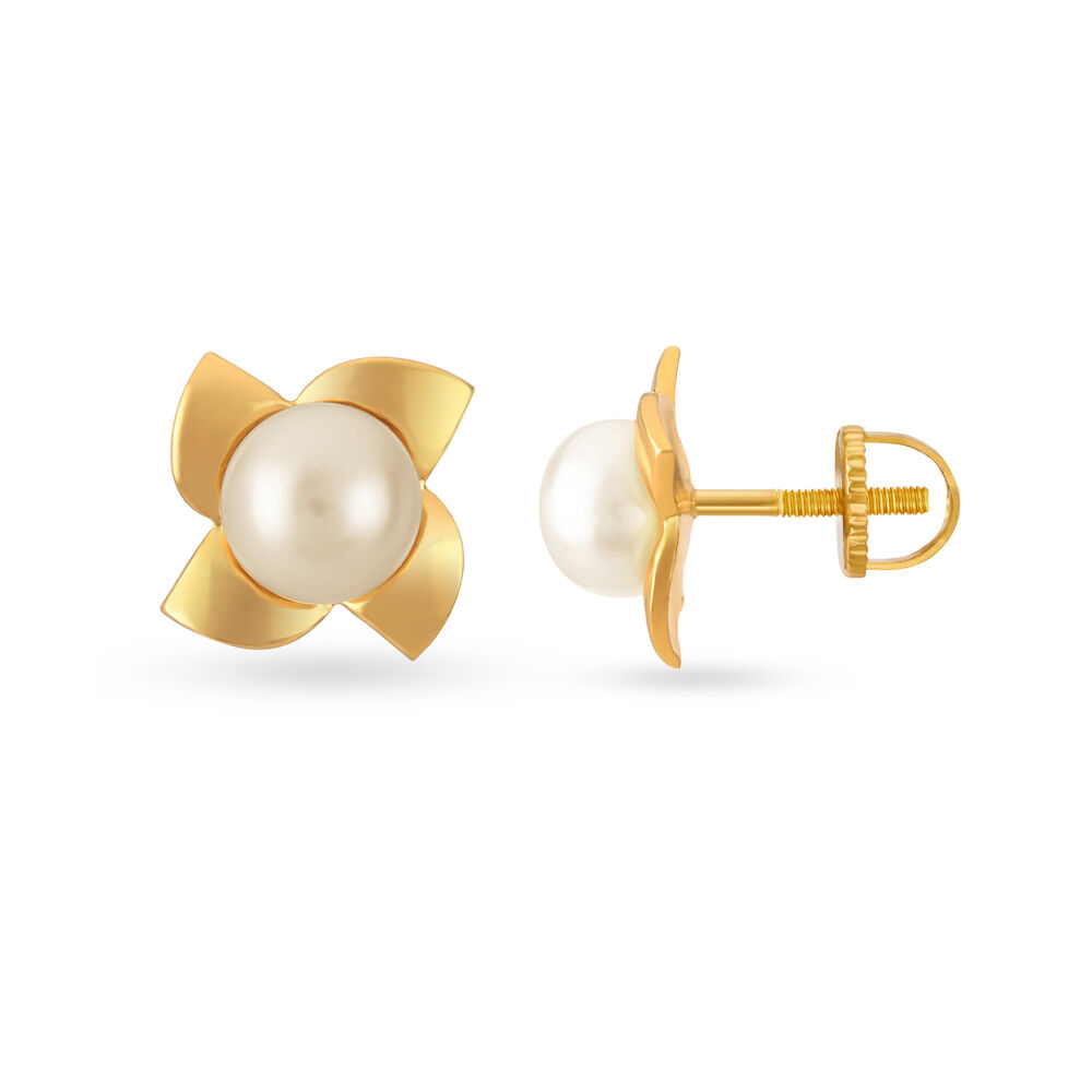Buy Classy 18 Karat Yellow Gold And Pearl Swirling Petals Stud Earrings at Best Price Tanishq UAE