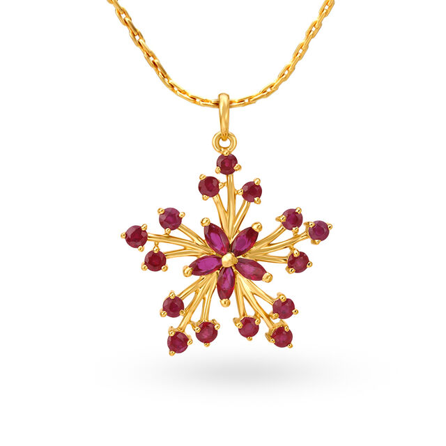 Fascinating 18 Karat Yellow Gold Ruby Studded Floral Motif Pendant 
