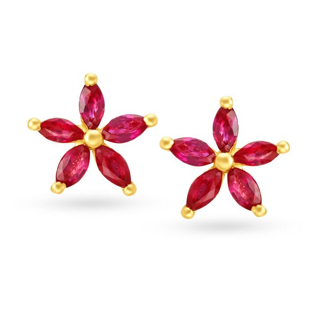 Radiant 18 Karat Yellow Gold And Ruby Floral Studs 