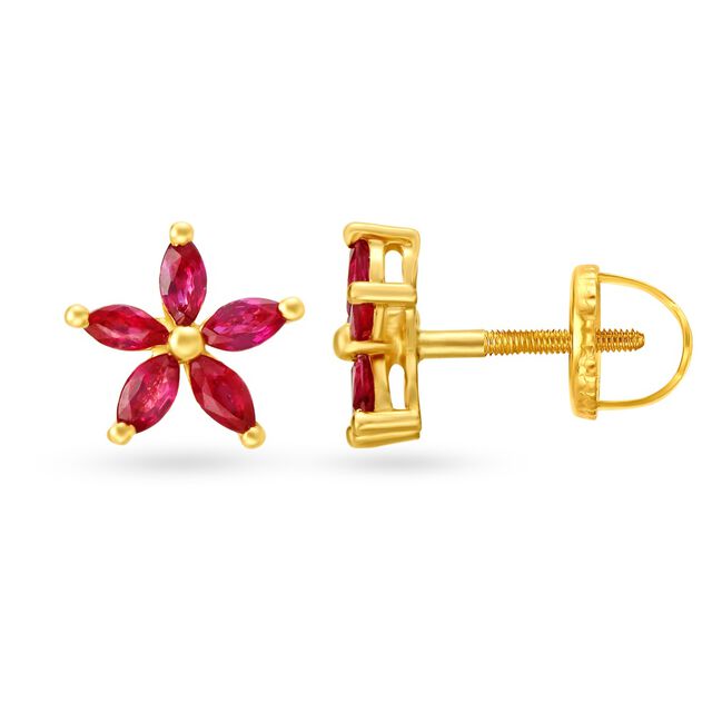 Radiant 18 Karat Yellow Gold And Ruby Floral Studs 2