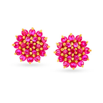 Mesmerizing 18 Karat Yellow Gold Elevated Ruby Embellished Flower Stud Earrings