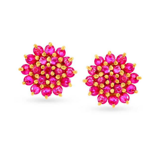 Mesmerizing 18 Karat Yellow Gold Elevated Ruby Embellished Flower Stud Earrings