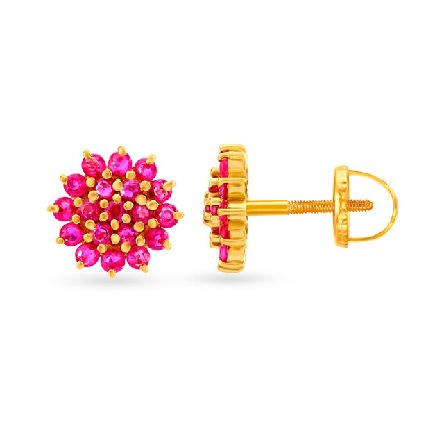 Mesmerizing 18 Karat Yellow Gold Elevated Ruby Embellished Flower Stud Earrings