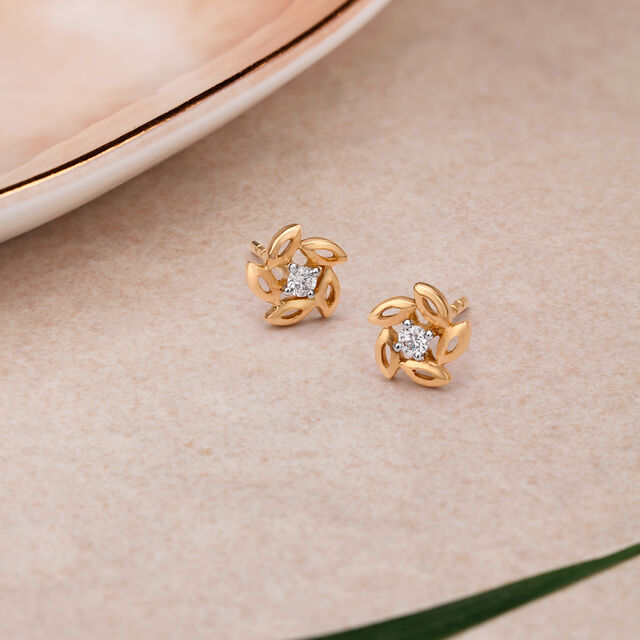 Dainty Floral Gold and Diamond Stud Earrings,,hi-res 