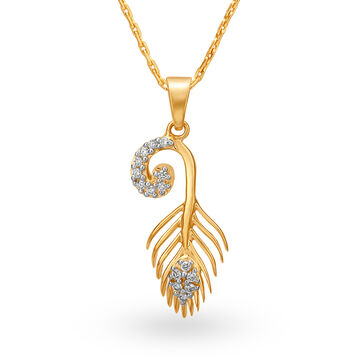 Graceful 18 Karat Yellow Gold And Diamond Peacock Feather Pendant