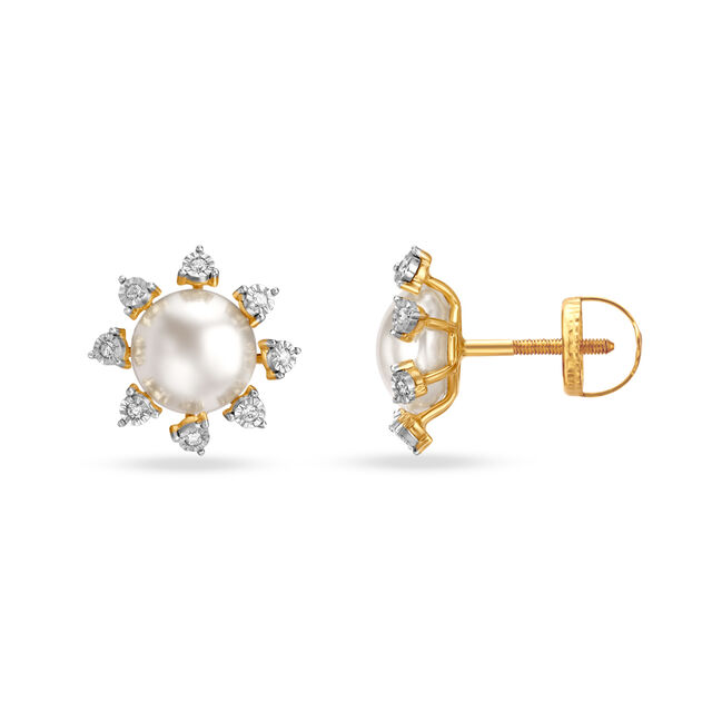 Brilliant Floral Diamond Stud Earrings in White and Yellow Gold 2