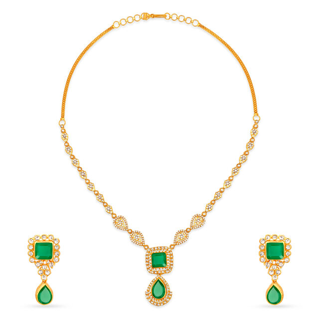 Square Motif Coloured Stone Studded Gold Necklace Set