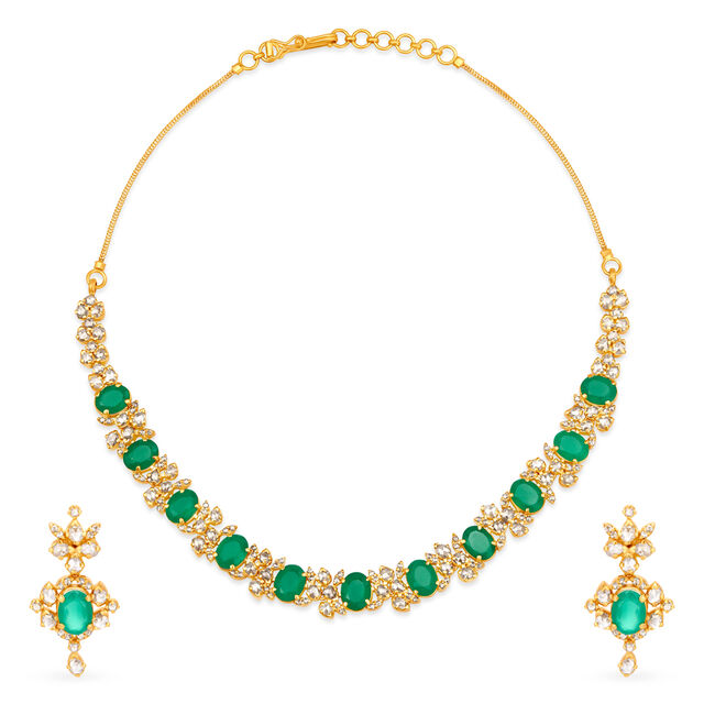 Aesthetic Onyx Studded Subtle Floral Design Gold Necklace Set,,hi-res 