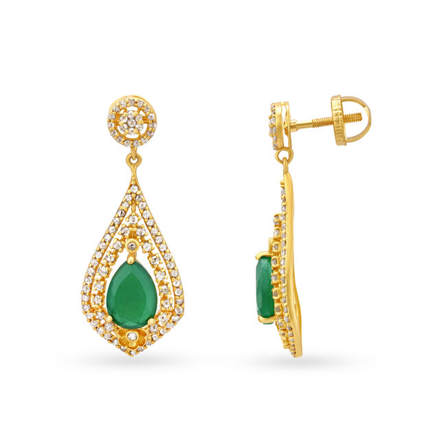 Traditional Coloured Stone Studded Gold Drop Earrings,,hi-res 2