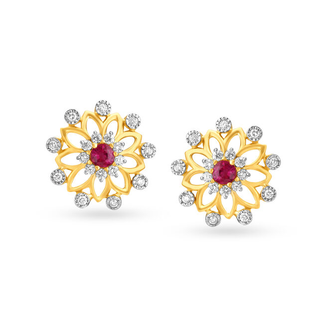 Floral Ruby Yellow and White Gold Stud Earrings 