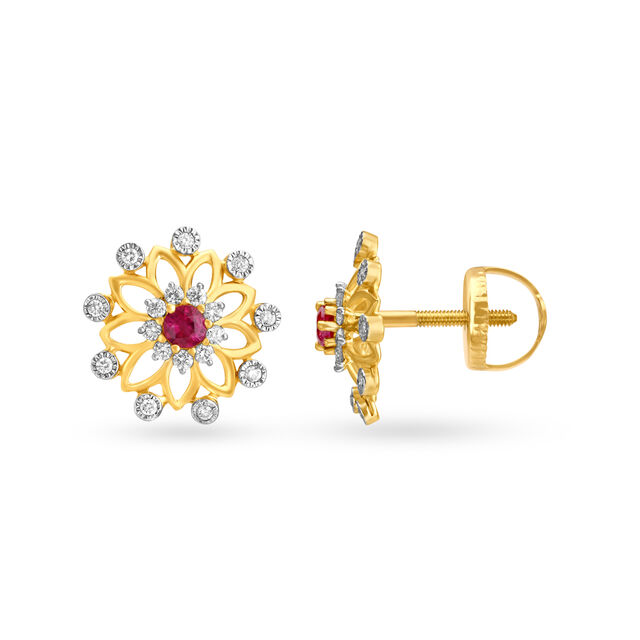 Floral Ruby Yellow and White Gold Stud Earrings,,hi-res 2
