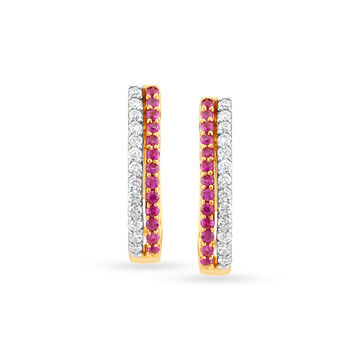 Diamond and Ruby Adorned Exuberant Gold Bali Hoops