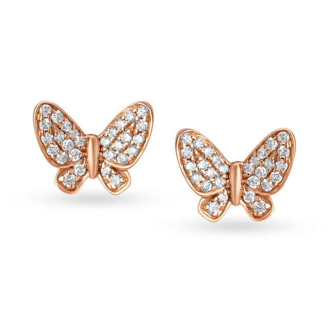 Whimsical 18 Karat Rose Gold And Diamond Butterfly Studs 