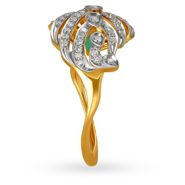 Enchanting 18 Karat Yellow Gold And Diamond And Emerald Feather Ring 3