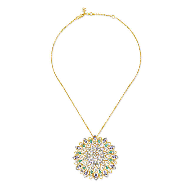 Grand Floral Pendant and Chain with Diamonds Emeralds and Tanzanites,,hi-res 