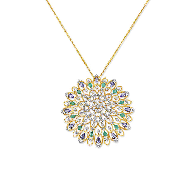 Grand Floral Pendant and Chain with Diamonds Emeralds and Tanzanites,,hi-res 2