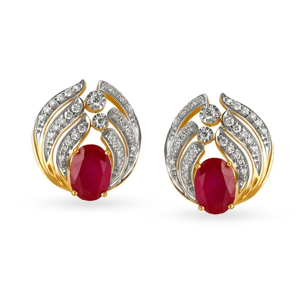 Buy Dazzling Diamond Galore and Red Stone Stud Earrings at Best Price Tanishq UAE